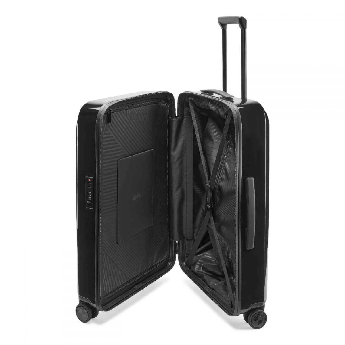 BMW深黑行李箱，主隔層配有防水拉鍊，內襯飾有Trinity印花的再生聚酯纖維